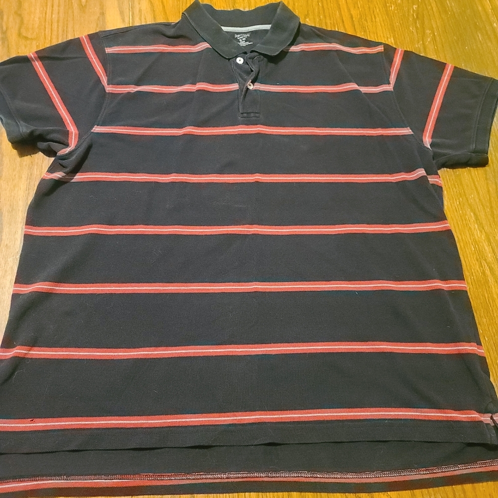Mens XL St John’s Bay Black with Red striped short sleeve Polo shirt